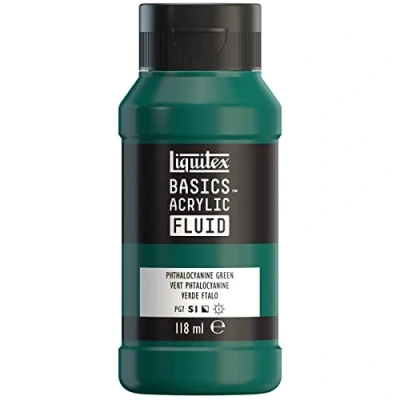 Abbildung von Liquitex 8870404 Basics Fluid Acrylfarbe mit fließender Konsiszenz, schnell trocknend, lichtecht, wasserfest, auf Wasserbasis, 118ml Flasche Phthalozyaningrün