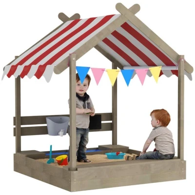 Abbildung von Outsunny Sandkasten Sandkiste aus Holz mit Sitzplatz, (Spielhaus, 1 tlg., Sandbox Tafel), für 3 7 Jahre Kinder, 124 x 116 146 cm
