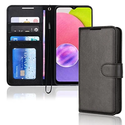 Abbildung von TECHGEAR Leder Hülle Galaxy A03s, PU Flip Case Schutzhülle Ledertasche [Brieftasche] Handyhülle mit Ständer und Handschlaufe Beutel kompatibel Samsung A03s Schwarz