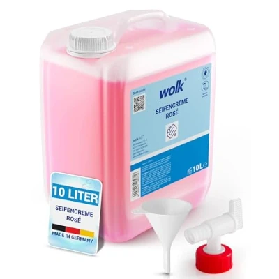 Abbildung von 10 Liter Handwaschseife „Rosé“ Seifencreme Hautmilde Waschcreme Alkalifrei Inkl. Ausgießer/Ablasshahn und Trichter Kanister wolk