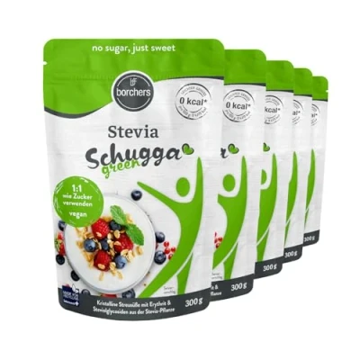 Abbildung von BORCHERS Schugga green, Kristalline Streusüße 5x 300g, Stevia Erythrit Mischung, 1:1 wie Zucker, kalorienfrei &amp; zuckerfrei, Zuckerersatz, Süßungsmittel, Zuckeralternative