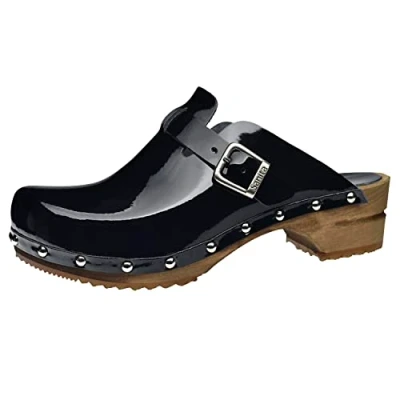 Abbildung von Sanita Krisla offener Clog Original handgemacht Leder Holzclogs für Damen Nachhaltige Sohle Schwarz 40 EU