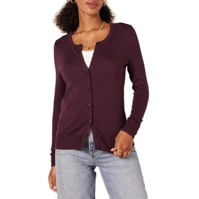 Abbildung von Amazon Essentials Damen Leichte Rundhalsstrickjacke (Erhältlich In Übergröße), Burgunderrot, XS