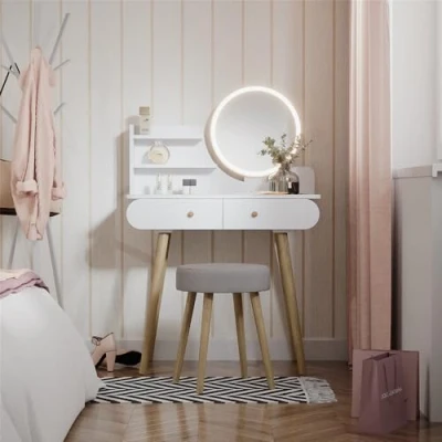 Abbildung von Vicco Schminktisch Edda, Weiß, 80 cm mit LED Beleuchtung und Hocker
