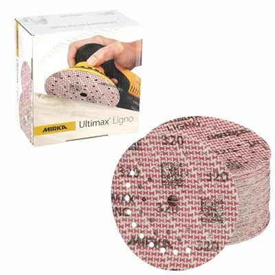 Abbildung von Mirka Ultimax Ligno Ø 125mm Schleifscheiben Klett Multifit/Korn 320/100 Stück/Multi Lochung/zum Schleifen von Holzoberflächen