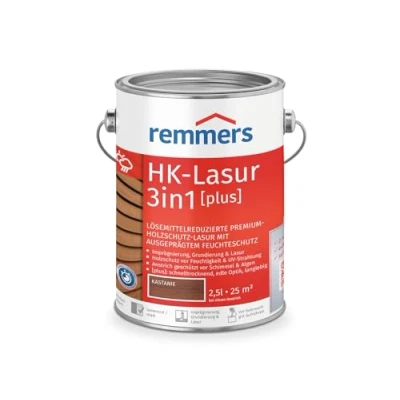 Abbildung von Remmers HK Lasur 3in1 [plus] kastanie, matt, 2,5 Liter, Lösemittelreduzierte Premium Holzschutz für außen, 3in1, schnelltrocknend, langlebig