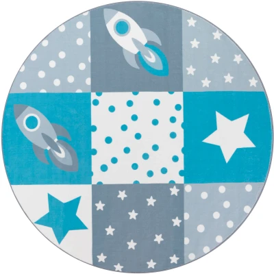 Abbildung von Paco Home Kinderteppich &quot;Eliz 395&quot;, rund, Spielteppich, Patchwork Muster, Motiv Rakete, Sterne &amp; Punkte