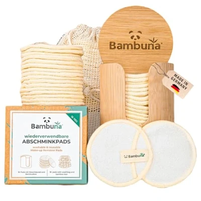 Abbildung von BAMBUNA 18 Stk. wiederverwendbare Wattepads mit Bambusbox und Waschbeutel Abschminkpads waschbar nachhaltige Abschminktücher Make Up Entferner Pads weiche Reinigungspads Made in Germany