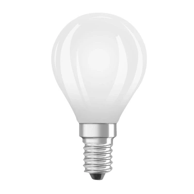 Abbildung von OSRAM Energy Class LED Lampe in klassischer Miniballform, 3.8 W / 806 lm, EEK A, warmweißes Licht (2700 K), CRI 80, aus gefrostetem bleifreiem Glas, E14 Sockel, IP20, 45 mm Durchmesser.