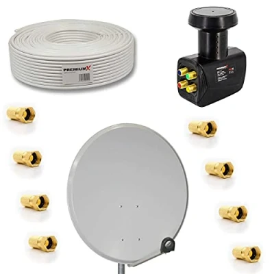 Abbildung von PremiumX Satelliten Komplettanlage 80cm Satellitenschüssel Aluminium Hellgrau Quad LNB 50m Kabel F Stecker, SAT bis 8 Teilnehmer