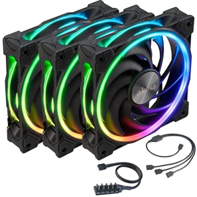 Abbildung von Akasa Soho AR, 120 mm Addressable RGB Case Fan, PWM with Splitter Hub and 1 to 3 ARGB Cable, PC Fan for Gaming, 5 V Pin LED, Pack of 3, Black, AK FN108 KT03