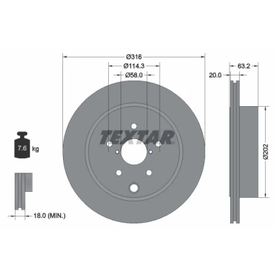 Abbildung von TEXTAR PRO 92243703 Bremsscheibe 316 20 05/08 114,3 innenbelüftet beschichtet ohne Radbefestigungsbolzen, Radnabe SUBARU: Impreza III Schrägheck