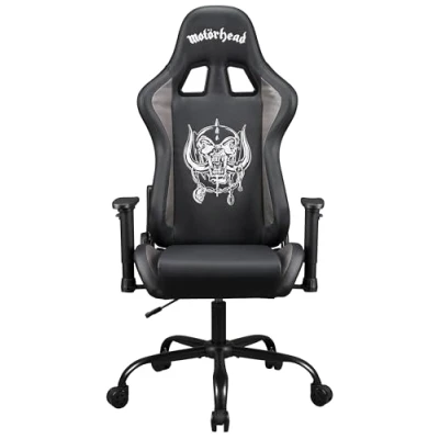 Abbildung von Motorhead Gaming Stuhl oder Bürostuhl, Gamer Sessel für Erwachsene, bequemer Sitz, integrierte Kopfstütze, verstellbare Armlehnen und Höhe, ergonomische Rückenlehne Schwarz.