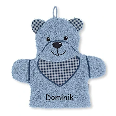 Abbildung von Sterntaler Spiel Waschhandschuh Bär Baylee mit Namen bestickt, Blau, 24 cm, Waschlappen für Kinder &amp; Babys personalisiert