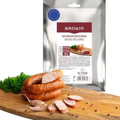 Abbildung von BROWIN® Naturdarm für Wurst Premium hausgemachte Würstchen, Wacholderwurst, Weißwurst, Bratwurst (Kaliber 28/30 m, 20 Meter, Schweinedarm)