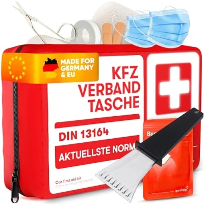 Abbildung von PURAHELP KFZ Verbandstasche nach aktueller Norm 2025 DIN 13164 (StVO konform) + Eiskratzer Inkl. Beatmungstuch Erste Hilfe Set Auto Verbandskasten