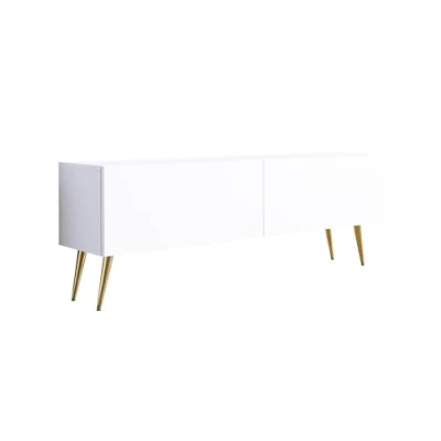 Abbildung von 3E 3xE living.com TV Schrank: Zwei Türen, Regale, Farbe Mattweiß, goldene Beine, A: B: 140 cm, H: 52 T: 32
