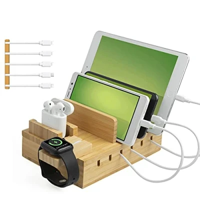 Abbildung von TechDot Handy USB Ladestation Bambus Mehrere Geräte 5 Port Multi Bamboo für Handys Smartphones Tablets Holz