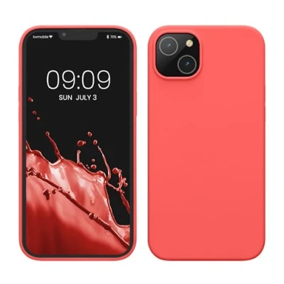Abbildung von kwmobile Hülle für das iPhone 14 Plus dünnes Silikon Handy Case stoßfeste Handyhülle mit weicher Oberfläche unterstützt kabelloses Laden Neon Koralle