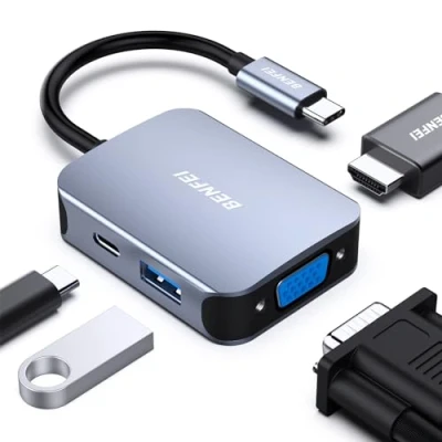 Abbildung von BENFEI USB C HUB 4in1,USB Multiport Adapter mit 4K HDMI/ 1080P VGA/ 5Gbps 3.0 Data Port/Typ 60W Power Delivery, kompatibel für iPhone 15 Pro/Max MacBook Pro/Ai iPad Pro iMac Galaxy S23, Grau