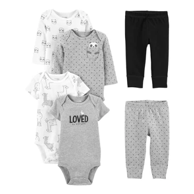 Abbildung von Simple Joys by Carter&#039;s Unisex Baby 6 teiliges Set, Bodys (Kurz und Langarm) Hosen, Grau Textaufdruck/Schwarz/Weiß Lama/Panda, 0 3 Monate