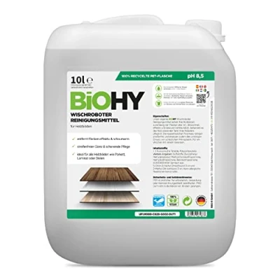 Abbildung von BiOHY Wischroboter Reinigungsmittel (10 Liter Kanister) Bodenreiniger Mittel für Holzböden Laminat &amp; Parkettpflege streifenfreier Glanz auf wasserfestem Holz schaumarmes Konzentrat