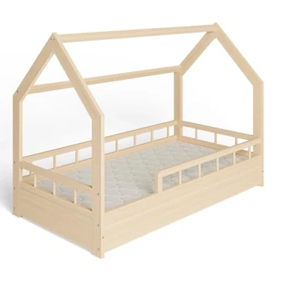 Abbildung von ms factory Hausbett mit Matratze Kinderbett 80x160 cm Rausfallschutz und Lattenrost Einzelbett aus Kiefernholz für Mädchen Junge Natur Farblos