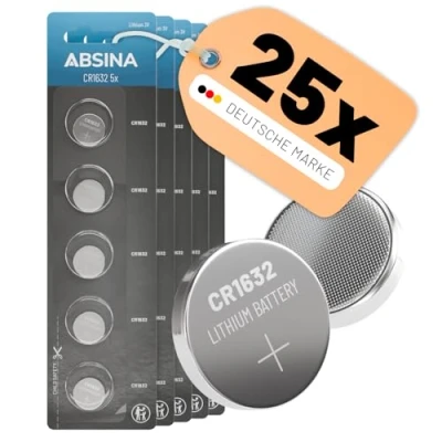 Abbildung von ABSINA CR1632 3V Lithium Knopfzelle 5X 5er Pack Batterien CR 1632 auslaufsicher &amp; Lange Haltbarkeit für Autoschlüssel, Uhr UVM Batterie Knopfzelle,