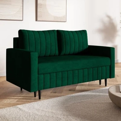 Abbildung von MOTIVENA Leo 2 Sitzer Sofa mit Schlaffunktion, Schlafsofa 160 cm Breit, Sitzer, 2er Sofa, Klein, Keine Couch, Bonellfederkern (H4), Samt Grün