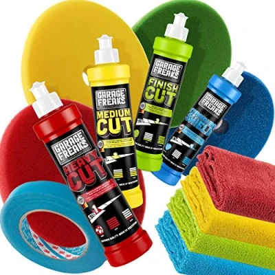 Abbildung von detailmate Garage Freaks Polierset: Polituren Heavy Cut Medium Finish Carnauba Shield + 4 Pads 150mm 3M Abdeckband Mikrofasertücher 550GSM