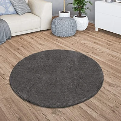 Abbildung von TT Home Teppich Wohnzimmer Kurzflor Anti Rutsch Rückseite Einfarbiges Design Waschbar, Farbe: Anthrazit, Größe:120 cm Rund