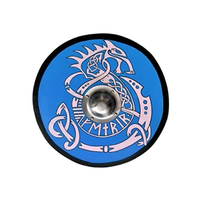 Abbildung von Battle Merchant Rundschild mit Fenrir Motiv handbemalter Wikingerschild aus Holz 61cm (24 Zoll) Wikinger Mittelalter Schild für Erwachsene