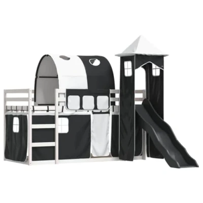 Abbildung von vidaXL Etagenbett, Stockbett mit Rutsche Gardinen, Kinderbett Rausfallschutz Lattenrost, Spielbett Bett ohne Matratze, Weiß Schwarz 90x190cm