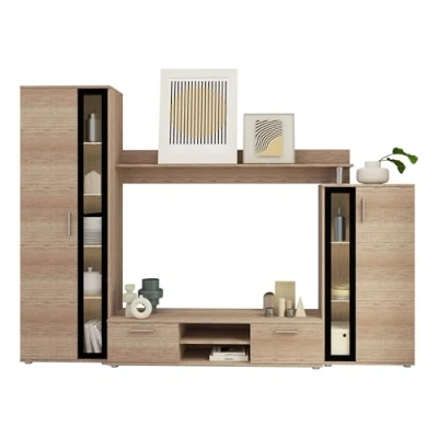 Abbildung von Wohnwand Bentley, Praktische Anbauwand, Schrankwand, Mediawand, mit viel Stauraum, Top Qualität (Country Oak Grey/Schwarz, LED Beleuchtung)
