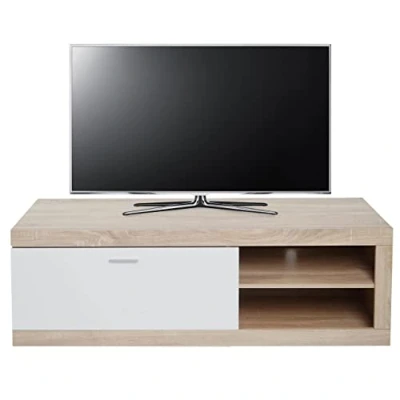 Abbildung von Mendler TV Rack HWC L33, Board Fernsehtisch Lowboard Schrank Kommode, Holz 43x140x41cm Staufach, Eiche Optik, weiß
