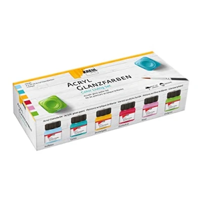 Abbildung von KREUL 79601 Acryl Glanzfarben, Set Color Living, 6 x 20 ml Farbe und ein Pinsel, glänzend glatte Acrylfarbe zum Anmalen Basteln, auf Wasserbasis, speichelecht, schnelltrocknend deckend
