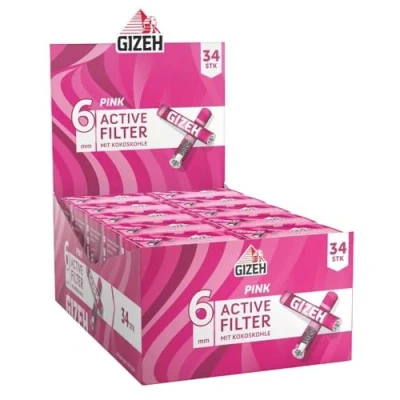 Abbildung von GIZEH PINK Active Filter Aktivkohlefilter slim 6 mm Durchmesser mit Aktivkohle aus Kokosschale 27 Länge im 10er Pack á 34