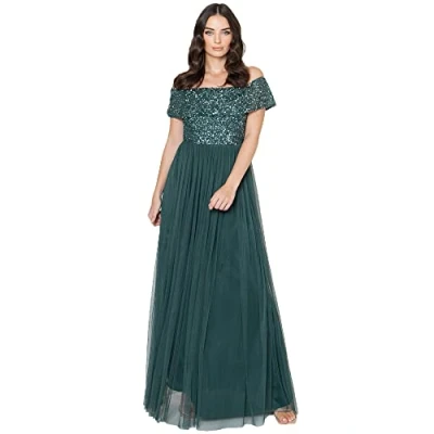 Abbildung von Maya Deluxe Damen Dames Bardot Jurk Voor Vrouwen Maxi Versierd Hight Empire Taille Mouwloze Tulle Bruiloft Guest Brautjungfernkleid, Emerald Green, 54 EU