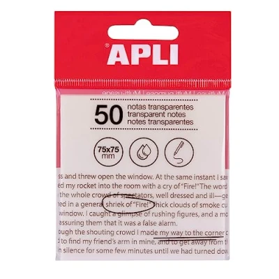 Abbildung von APLI 19568 Haftnotizen, transparent, 75 x mm, Farbe: Weiß, 50 transparente Blätter, wasserfest, ideal für Studenten und Lehrer.