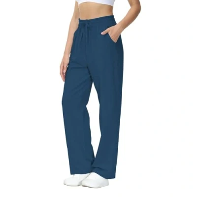 Abbildung von HMIYA Jogginghose Damen Baumwolle Freizeithose Lang offenem Boden Yogahose Sporthose Geradem Bein Hose mit Taschen(Pfauenblau XXL)