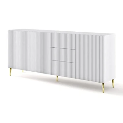 Abbildung von BIM Furniture Kommode Ravenna B 3D3S 200 cm mit gefräster Front Hochwertiges MDF, Sideboard, Buffet auf goldenen Metallstiftbeinen, 3 Schränke, Schubladen (Weiß Matt)