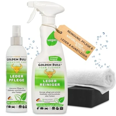 Abbildung von Golden Bull® Lederreiniger &amp; Lederpflege Auto Sofa Set intensiv [STARK UND VEGAN] Leder Kunstleder Reiniger Schaum Spray 500ml, Pflegemittel 250ml, Schwamm, Tuch für Reinigung Pflege von Ledersitz