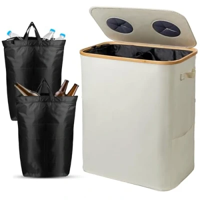 Abbildung von SYLANDO 140L Pfandflaschen Sammelbehälter mit Deckel &amp; XXL Tragetaschen, Flaschensammler für Leergut Altglas, 2 Fächer Organizer Lochdesign, Recycling Behälter Küche Abstellraum (Beige)