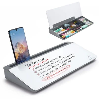 Abbildung von Kleines Whiteboard aus Glas, trocken abwischbar, Computertastatur Ständer mit Schublade, Schreibtisch Organizer Zubehör für Büro, Zuhause, Schulbedarf