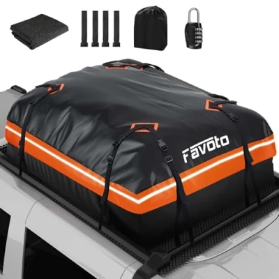 Abbildung von Favoto Dachbox 425 L Faltbarer Dachkoffer wasserdichte Dachtasche mit Antirutschmatte Türhaken Verstärkungsgurte für PKW Autos SUVS mit/ohne Gepäckträger Reisen Gepäcktransport Schwarz Orange