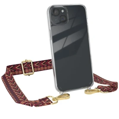 Abbildung von EAZY CASE Handykette mit verstellbarem Trageriemen für iPhone 15 Plus Taschengurt zum Wechseln transparenter Handyhülle Hülle dünner Schulterriemen in Rot Braun Gold