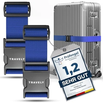 Abbildung von Travely® Premium Koffergurt Besonders Auffällig &amp; Sicher Inkl. 2 Namensschildern Gepäckband ideal über Kreuz [2er Set] Navy