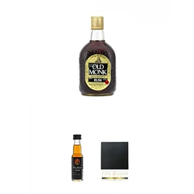 Abbildung von Old Monk 12 Jahre Indien 0,7 Liter + 7 0,05 Miniatur Schiefer Glasuntersetzer eckig ca. 9,5 cm Durchmesser
