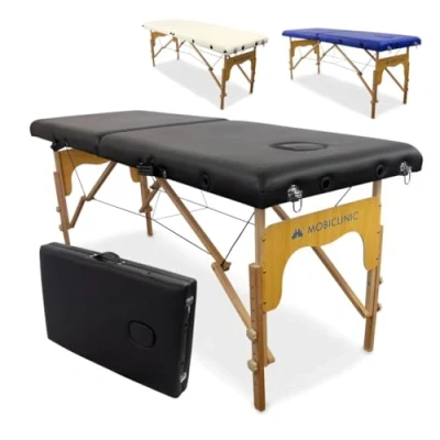 Abbildung von Mobiclinic®, Massageliege, Klappbar, CM 01 Basic, 180x60 cm, Holz und Kunstleder, 2 Teile, Europäische Marke, Mobile Höhenverstellbar, Verschlusssystem, Trägt 250 kg, Farbe Creme