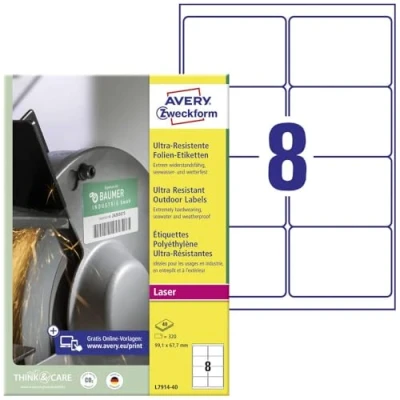 Abbildung von AVERY Zweckform L7914 40 Strapazierfähige Folienetiketten (320 Aufkleber, 99,1x67,7mm auf A4, extrem stark selbstklebend, für schwierige Oberflächen, bedruckbare Outdoor Klebefolie) Blatt, weiß
